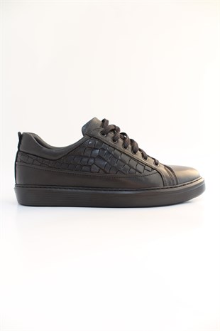 emende -Mrd 002023 Sneakers  Crocco Hakiki Deri Siyah Baskılı Eva Taban Erkek Spor Ayakkabısı