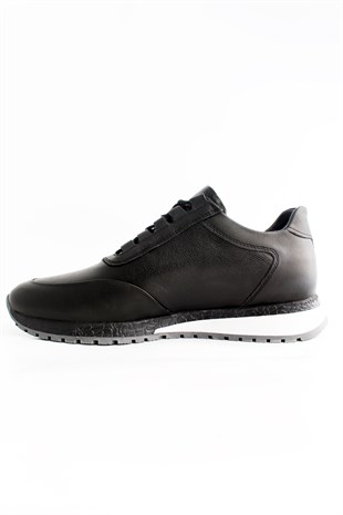 Hnt 004015 Yüksek Termo  Taban Hakiki Deri  Siyah Sneaker Ayakkabı