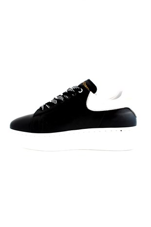 Hnt 0071 Günlük Yüksek Beyaz Taban Hakiki  Siyah Deri Erkek  Sneaker Ayakkabısı