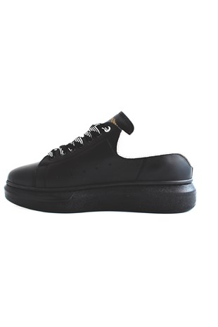 Hnt 0071 Günlük Yüksek Siyah Taban Hakiki  Siyah Deri Erkek  Sneaker Ayakkabısı
