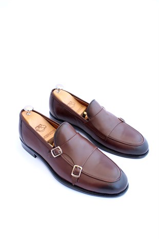 Mrd 00414 Makosen Çift Tokalı İçi Dışı Hakiki Kahve Deri Klasik Erkek Ayakkabısı